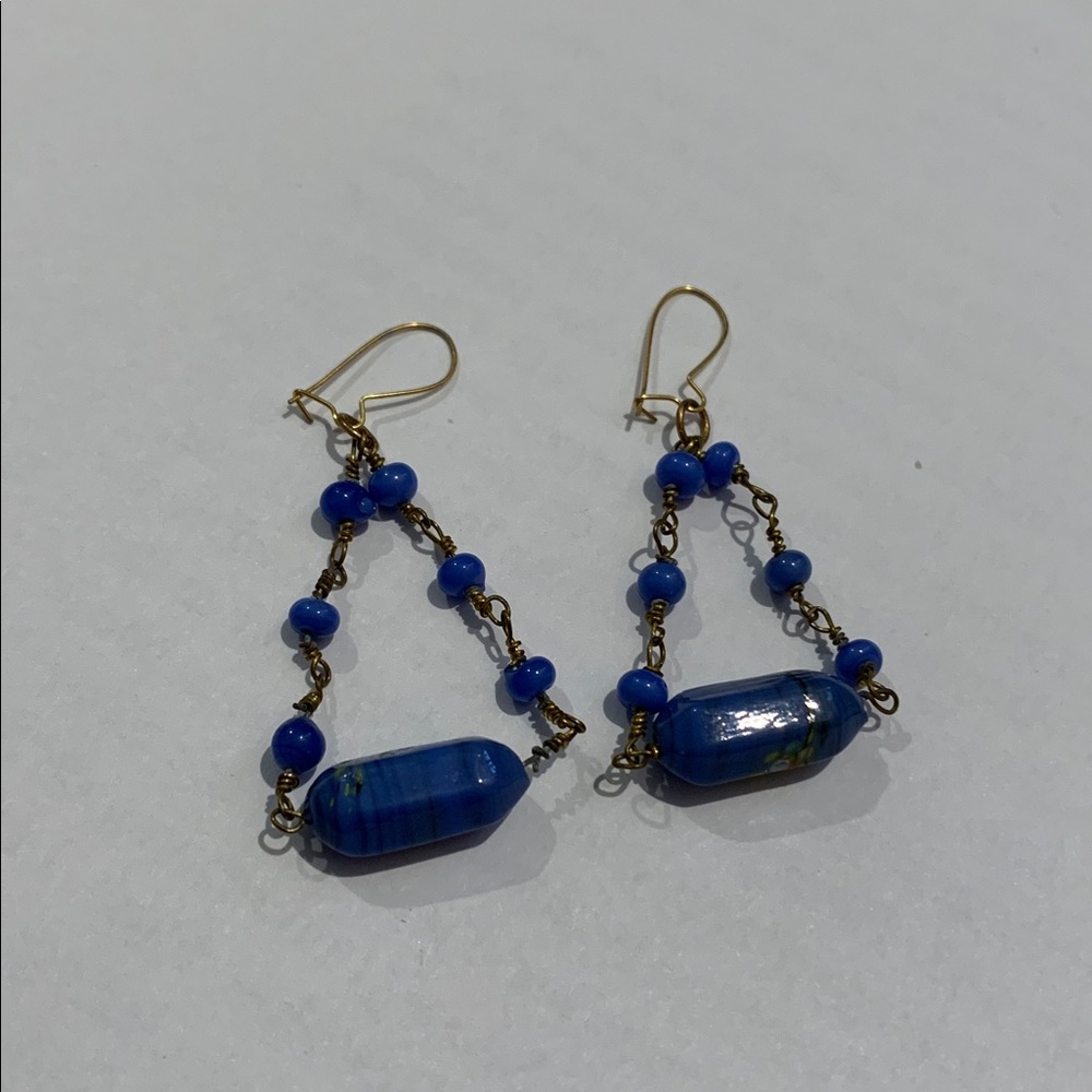Vintage Victorian style blue glass bead and brass wire Dangle pierced Earrings - Picture 1 of 4